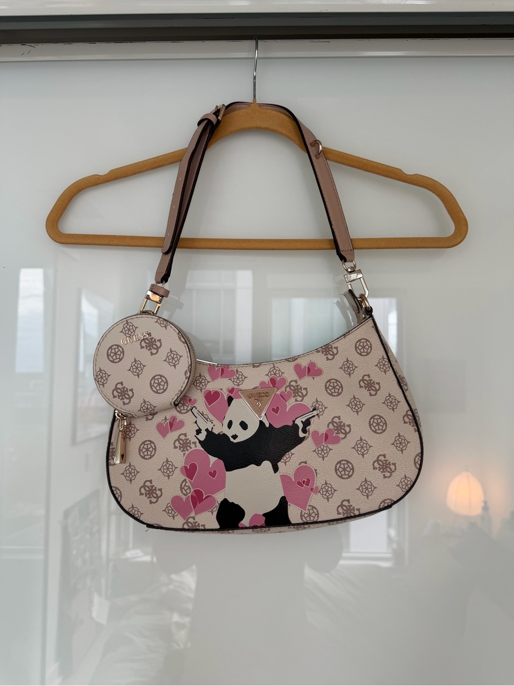 GUESS x Banksy limited edition Cream and Pink Panda Heart Crescent Shoulder Bag